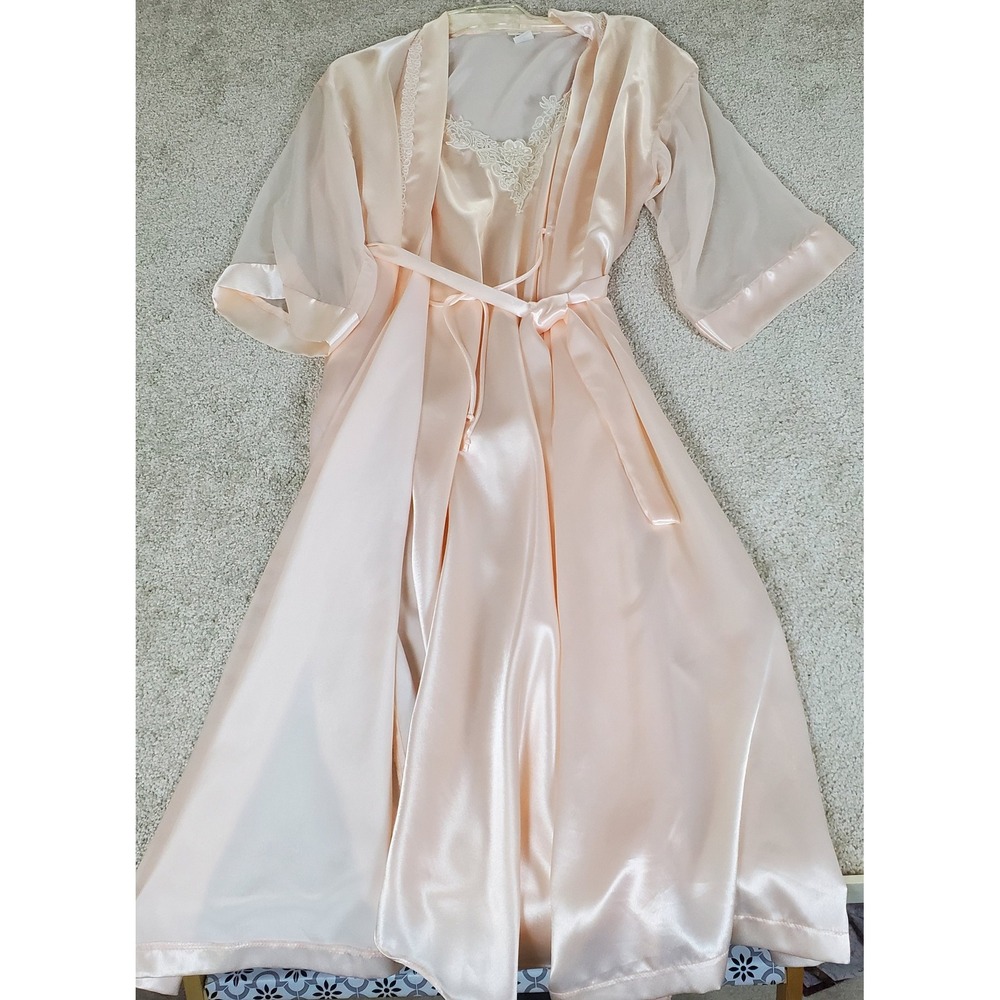 Vintage Intimo Amore Robe & Nightgown Set Women's Small Medium Peach Satin Lace